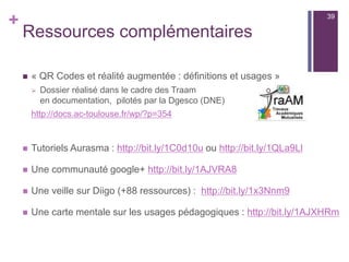 +
TP : Fonctionnement d’Aurasma (1/2)
n  Sélectionner l’élément à superposer (le contenu enrichi)
n  Prendre une photo de l’élément qui va être le support (l’élément
déclencheur)
n  Superposer le contenu enrichi à l’élément déclencheur
Application Aurasma
39
 