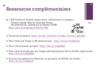 +
Ressources complémentaires
n  « QR Codes et réalité augmentée : définitions et usages »
Ø  Dossier réalisé dans le cadre des Traam en
documentation, pilotés par la Dgesco (DNE)
http://docs.ac-toulouse.fr/wp/?p=354
n  Tutoriels Aurasma : http://bit.ly/1C0d10u ou http://bit.ly/1QLa9Ll
n  Une veille sur Diigo (+88 ressources) : http://bit.ly/1x3Nnm9
n  Une communauté google+ http://bit.ly/1AJVRA8
n  Une carte mentale sur les usages pédagogiques de la réalité augmentée :
http://bit.ly/1AJXHRm
n  Et pour compléter la réflexion, la question du BYOD en classe :
http://bit.ly/1GB6zuY
41
 