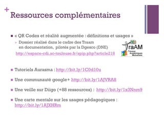 +
Ressources complémentaires
n  « QR Codes et réalité augmentée : définitions et usages »
Ø  Dossier réalisé dans le cadre des Traam
en documentation, pilotés par la Dgesco (DNE)
http://espace-cdi.ac-toulouse.fr/spip.php?article218
n  Tutoriels Aurasma : http://bit.ly/1C0d10u
n  Une communauté google+ http://bit.ly/1AJVRA8
n  Une veille sur Diigo (+88 ressources) : http://bit.ly/1x3Nnm9
n  Une carte mentale sur les usages pédagogiques :
http://bit.ly/1AJXHRm
 