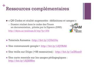 +
Ressources complémentaires
n  « QR Codes et réalité augmentée : définitions et usages »
Ø  Dossier réalisé dans le cadre des Traam
en documentation, pilotés par la Dgesco (DNE)
http://docs.ac-toulouse.fr/wp/?p=354
n  Tutoriels Aurasma : http://bit.ly/1C0d10u
n  Une communauté google+ http://bit.ly/1AJVRA8
n  Une veille sur Diigo (+88 ressources) : http://bit.ly/1x3Nnm9
n  Une carte mentale sur les usages pédagogiques :
http://bit.ly/1AJXHRm
 
