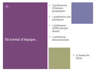+
Un travail d’équipe...
2
cla
sse
s
de
3èm
e
•  2 professeurs
d’histoire-
géographie
•  1 professeur arts
plastiques
•  1 professeur
d’EPS (section
danse)
•  1 professeur
documentaliste
•  2 classes de
3ème
 