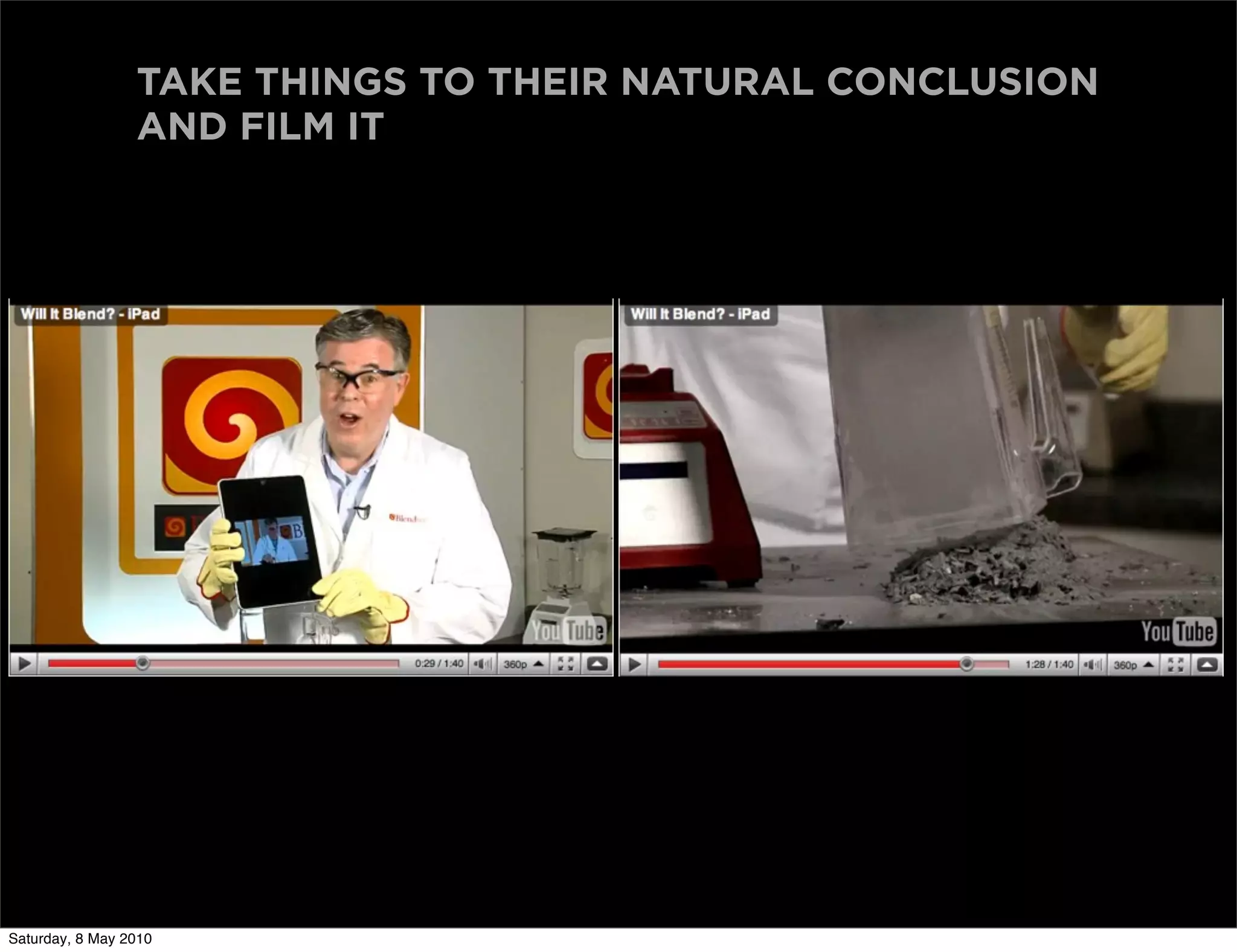 TAKE THINGS TO THEIR NATURAL CONCLUSION
                 AND FILM IT




Saturday, 8 May 2010
 