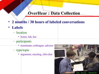 OverHear : Data Collection 2 months / 30 hours of labeled conversations Labels location  home, lab, bar participants  roommate, colleague, advisor type/topic  argument, meeting, chit-chat 