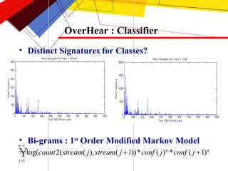 OverHear : Classifier Distinct Signatures for Classes? Bi-grams : 1 st  Order Modified Markov Model 