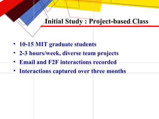 Initial Study : Project-based Class 10-15 MIT graduate students 2-3 hours/week, diverse team projects Email and F2F interactions recorded Interactions captured over three months 