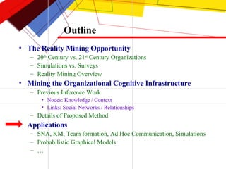 Outline The Reality Mining Opportunity 20 th  Century vs. 21 st  Century Organizations Simulations vs. Surveys Reality Mining Overview Mining the Organizational Cognitive Infrastructure Previous Inference Work Nodes: Knowledge / Context Links: Social Networks / Relationships Details of Proposed Method Applications SNA, KM, Team formation, Ad Hoc Communication, Simulations Probabilistic Graphical Models … 