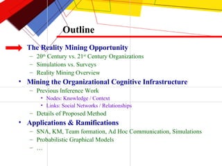 Outline The Reality Mining Opportunity 20 th  Century vs. 21 st  Century Organizations Simulations vs. Surveys Reality Mining Overview Mining the Organizational Cognitive Infrastructure Previous Inference Work Nodes: Knowledge / Context Links: Social Networks / Relationships Details of Proposed Method Applications & Ramifications SNA, KM, Team formation, Ad Hoc Communication, Simulations Probabilistic Graphical Models … 