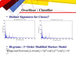 OverHear : Classifier <ul><li>Distinct Signatures for Classes? </li></ul><ul><li>Bi-grams : 1 st  Order Modified Markov Mo...