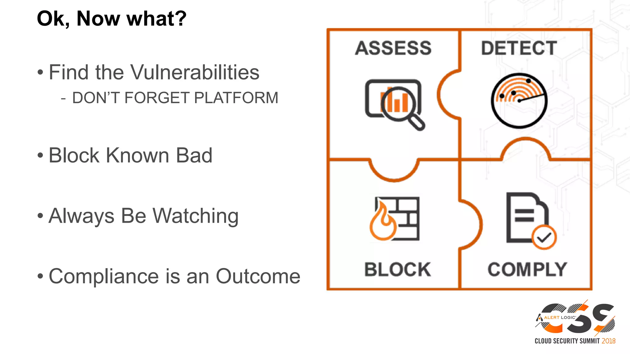Ok, Now what?
• Find the Vulnerabilities
- DON’T FORGET PLATFORM
• Block Known Bad
• Always Be Watching
• Compliance is an Outcome
 