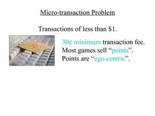 Micro-transaction Problem

Transactions of less than $1.
        30¢ minimum transaction fee.
        Most games sell “points”.
        Points are “ego-centric”.
 