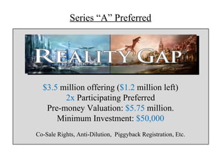 Series “A” Preferred




  $3.5 million offering ($1.2 million left)
        2x Participating Preferred
   Pre-money Valuation: $5.75 million.
      Minimum Investment: $50,000
Co-Sale Rights, Anti-Dilution, Piggyback Registration, Etc.
 
