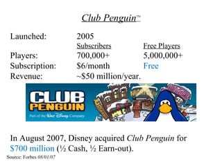 Club Penguin   TM




 Launched:                2005
                          Subscribers          Free Players
 Players:                 700,000+           5,000,000+
 Subscription:            $6/month           Free
 Revenue:                 ~$50 million/year.




 In August 2007, Disney acquired Club Penguin for
 $700 million (½ Cash, ½ Earn-out).
Source: Forbes 08/01/07
 
