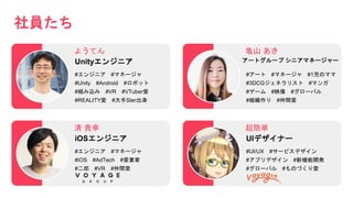 社員たち
iOSエンジニア
清 貴幸
#エンジニア #マネージャ
#iOS #AdTech #愛妻家
#二郎 #VR #仲間愛
Unityエンジニア
ようてん
#エンジニア #マネージャ
#Unity #Android #ロボット
#組み込み #VR #VTuber愛
#REALITY愛 #大手SIer出身
UIデザイナー
超簡単
#UI/UX #サービスデザイン
#アプリデザイン #新機能開発
#グローバル #ものづくり愛
アートグループ シニアマネージャー
亀山 あき
#アート #マネージャ #1児のママ
#3DCGジェネラリスト #マンガ
#ゲーム #映像 #グローバル
#組織作り #仲間愛
 