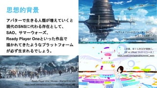 思想的背景
アバターで生きる人類が増えていくと
現代のSNSに代わる存在として、
SAO、サマーウォーズ、
Ready Player Oneといった作品で
描かれてきたようなプラットフォーム
が必ず生まれるでしょう。
TVアニメ「ソードアート・オンライン」
オフィシャルサイト
https://www.swordart-online.net/
この夏、ぼくらのOZが現実に。
OZ on VRoid ついにリリース！
https://vroid.com/special/summer_wars
Ready Player One | Movies - WarnerBros.com
https://www.warnerbros.com/movies/ready-player-one
 