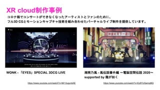 XR cloud制作事例
コロナ禍でコンサートができなくなったアーティストとファンのために、
フル3D CGとモーションキャプチャ技術を組み合わせたバーチャルライブ制作を提供しています。
https://www.youtube.com/watch?v=Mr13ugunbAE
WONK - 「EYES」SPECIAL 3DCG LIVE
https://www.youtube.com/watch?v=Ez8YUQamqMQ
湘南乃風 - 風伝説番外編 ～電脳空間伝説 2020～
supported by 龍が如く
 