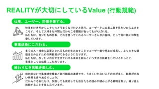 REALITYが大切にしているValue (行動規範)
仕事、ユーザー、同僚を愛する。
仕事を好きだからこそもっとうまくなりたいと思う。ユーザーさんの喜ぶ顔を見たいから工夫を
こらす。そして大好きな仲間とだからこそ困難があってもがんばれる。
私たちは、自分たちの仕事、それを使ってくれるユーザーさんやお客様、そして共に働く仲間を
愛しています。
事業成長にこだわる。
多くの人・社会に必要とされるものを生み出すことでユーザー数や売上が成長し、より大きな価
値を生み出すための再投資ができるようになります。
私たちは、なりたい自分で生きていける未来を創るという大きな挑戦をしているからこそ、
事業としての成長にこだわります。
終わりなき挑戦を楽しむ。
前例のない仕事は暗中模索と試行錯誤の連続です。うまくいかないことの方が多く、結果が出な
い時期も多々あるでしょう。
だからこそ私たちは、失敗しても成功しても自分たちの強みが積み上がる戦略を取り、繰り返し
挑戦することを楽しんでいます。
 