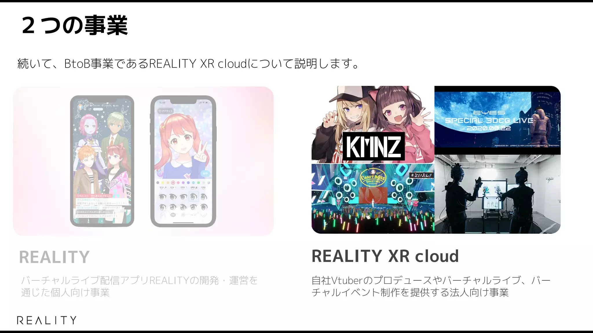 ２つの事業
バーチャルライブ配信アプリREALITYの開発・運営を
通じた個人向け事業
自社Vtuberのプロデュースやバーチャルライブ、バー
チャルイベント制作を提供する法人向け事業
REALITY
続いて、BtoB事業であるREALITY XR cloudについて説明します。
REALITY XR cloud
 