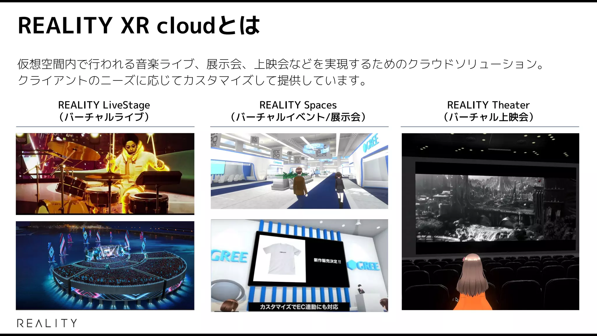 REALITY XR cloudとは
仮想空間内で行われる音楽ライブ、展示会、上映会などを実現するためのクラウドソリューション。
クライアントのニーズに応じてカスタマイズして提供しています。
REALITY LiveStage
（バーチャルライブ）
REALITY Spaces
（バーチャルイベント/展示会）
REALITY Theater
（バーチャル上映会）
 