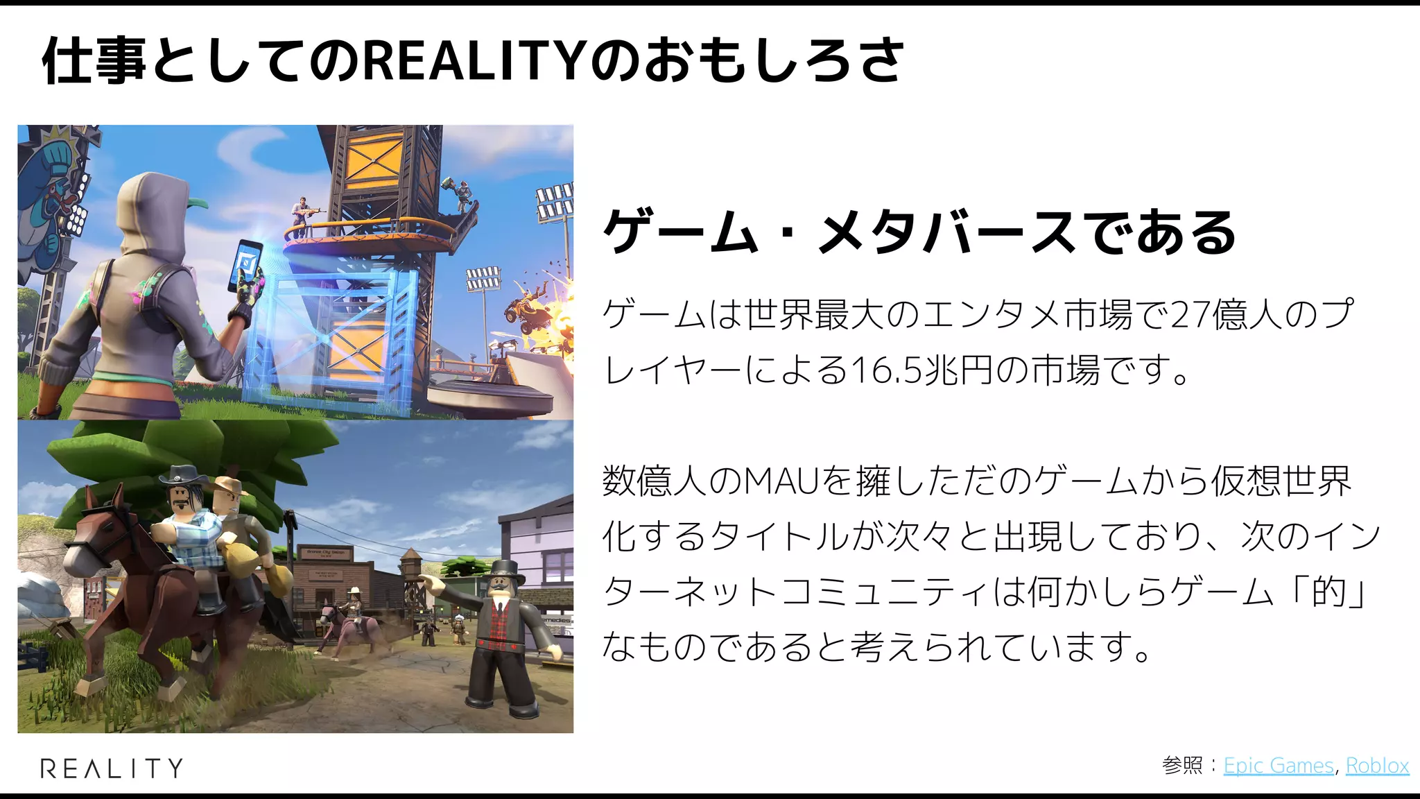 仕事としてのREALITYのおもしろさ
ゲーム・メタバースである
ゲームは世界最大のエンタメ市場で27億人のプ
レイヤーによる16.5兆円の市場です。
数億人のMAUを擁しただのゲームから仮想世界
化するタイトルが次々と出現しており、次のイン
ターネットコミュニティは何かしらゲーム「的」
なものであると考えられています。
参照：Epic Games, Roblox
 