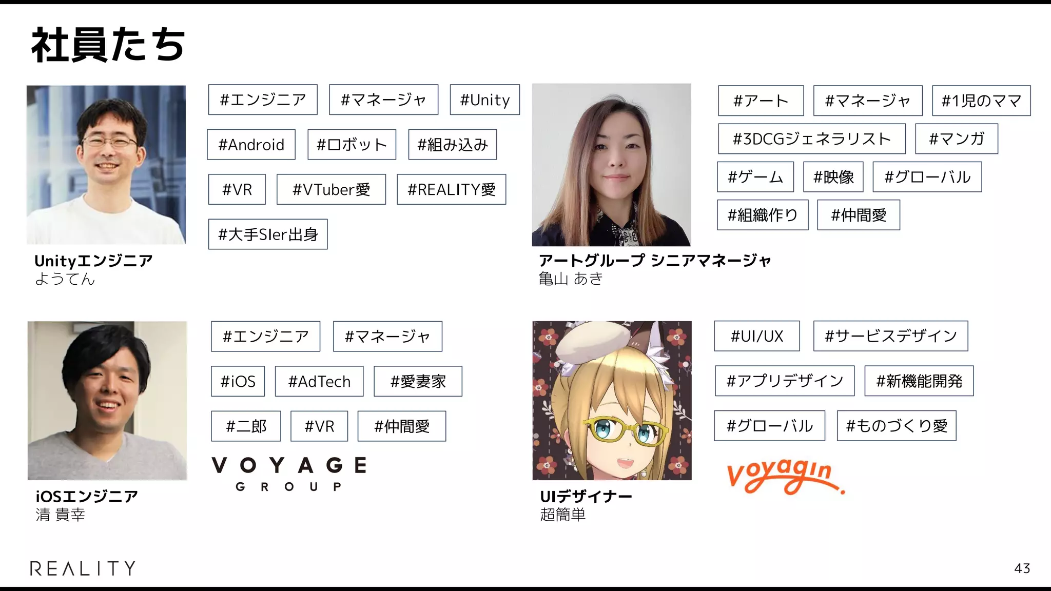 iOSエンジニア
清 貴幸
Unityエンジニア
ようてん
社員たち
43
#エンジニア #マネージャ #Unity
#Android
#VR
#ロボット
#REALITY愛
#VTuber愛
#エンジニア #マネージャ
#iOS #AdTech
#二郎
#愛妻家
#仲間愛
#VR
UIデザイナー
超簡単
#UI/UX
#新機能開発
#グローバル
#サービスデザイン
#ものづくり愛
#アプリデザイン
#組み込み
#大手SIer出身
#アート
アートグループ シニアマネージャ
亀山 あき
#マネージャ
#3DCGジェネラリスト
#1児のママ
#マンガ
#ゲーム #映像 #グローバル
#組織作り #仲間愛
 