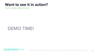 Unless otherwise indicated, these slides are © 2013-2019 Pivotal Software, Inc. and licensed under a Creative Commons Attribution-NonCommercial license: http://creativecommons.org/licenses/by-nc/3.0/
13
DEMO TIME!
Want to see it in action?
You’re really selling it here…
 