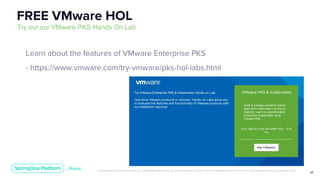 Unless otherwise indicated, these slides are © 2013-2019 Pivotal Software, Inc. and licensed under a Creative Commons Attribution-NonCommercial license: http://creativecommons.org/licenses/by-nc/3.0/
26
Learn about the features of VMware Enterprise PKS
- https://www.vmware.com/try-vmware/pks-hol-labs.html
Try out our VMware PKS Hands On Lab
FREE VMware HOL
 