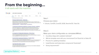 Unless otherwise indicated, these slides are © 2013-2019 Pivotal Software, Inc. and licensed under a Creative Commons Attribution-NonCommercial license: http://creativecommons.org/licenses/by-nc/3.0/
8
From the beginning…
It all starts with the machine
Step 1.
Choose your distro:
• Ubuntu, CentOS, CoreOS, SUSE, RancherOS, Talos Etc
Step 2.
Make your distro configurable as a template/AMI/etc.
• Countless blogs with outdated methods?
• Will the template work with your environment? (ie Cloud Init vs Static IP)
• Process for updating templates
• Install Docker and Kubernetes components? Automate?
• Sizing requirements?
 