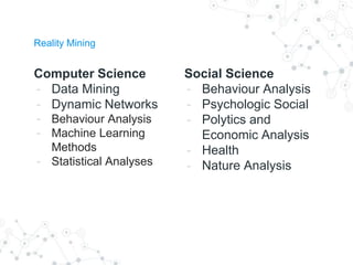 Computer Science
- Data Mining
- Dynamic Networks
- Behaviour Analysis
- Machine Learning
Methods
- Statistical Analyses
Reality Mining
Social Science
- Behaviour Analysis
- Psychologic Social
- Polytics and
Economic Analysis
- Health
- Nature Analysis
 