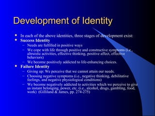 Development of IdentityDevelopment of Identity
 In each of the above identities, three stages of development exist:
 Success Identity
– Needs are fulfilled in positive ways
– We cope with life through positive and constructive symptoms (i.e.,
altruistic activities, effective thinking, positive affect, effective
behaviors)
– We become positively addicted to life-enhancing choices.
 Failure Identity
– Giving up: We perceive that we cannot attain our needs.
– Choosing negative symptoms (i.e., negative thinking, debilitative
feelings, and negative physiological conditions)
– We become negatively addicted to activities which we perceive to give
us instant belonging, power, etc. (i.e., alcohol, drugs, gambling, food,
work) (Gilliland & James, pp. 274-275)
 