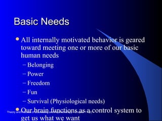Basic NeedsBasic Needs
All internally motivated behavior is geared
toward meeting one or more of our basic
human needs
– Belonging
– Power
– Freedom
– Fun
– Survival (Physiological needs)
Our brain functions as a control system to
get us what we want
Theory and Practice of Counseling and Psychotherapy - Chapter 11 (2)
 
