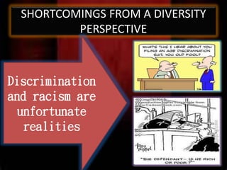 SHORTCOMINGS FROM A DIVERSITY
PERSPECTIVE
Discrimination
and racism are
unfortunate
realities
 