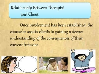 Relationship Between Therapist
and Client
Once involvement has been established, the
counselor assists clients in gaining a deeper
understanding of the consequences of their
current behavior.
 