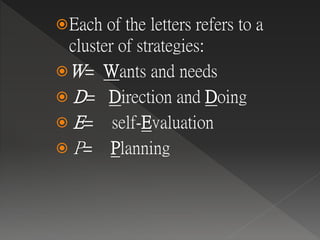 Each of the letters refers to a
cluster of strategies:
W= Wants and needs
 D= Direction and Doing
 E= self-Evaluation
 P= Planning
 