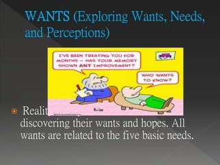 Reality therapists assist clients in
discovering their wants and hopes. All
wants are related to the five basic needs.
 