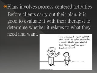 Plans involves process-centered activities
Before clients carry out their plan, it is
good to evaluate it with their therapist to
determine whether it relates to what they
need and want.
 