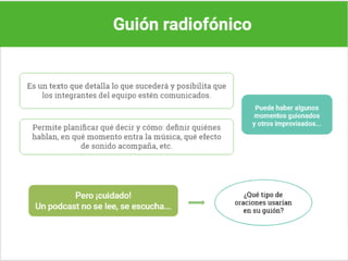Guión radiofónico
Es un texto que detalla lo que sucederá y posibilita que los
integrantes del equipo estén comunicados
Permite planificar qué decir y cómo definir quienes hablan en
qué momento entra la música qué efecto de sonido acompaña
entre otros
Se destaca que puede haber algunos momentos guionados y
otros improvisados
Y se aclara
Pero cuidado
Un pódcast no se lee se escucha
y se formula el siguiente interrogante
¿Qué tipo de oraciones usarían en su guión?
Oraciones deseables para escritura de guión radiofónico:
breves y de estructura sencilla (sujeto - verbo- predicado)
Fin de diapositiva 18
 