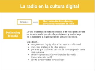 La radio en la cultura digital
Internet
Nuevos modos de producción circulación y consumo de radio
Pódcasting de audio
Es una trasmisión pública de radio o de otras grabaciones en
formato audio que circula por internet y descarga en el
momento y lugar en que los usuarios deciden
El podcast
Rompe con el aquí y ahora de la radio tradicional
Suele ser gratuito y de libre acceso
Permite que cualquier usuario de internet pueda crear su
programa
Requiere generar archivos digitales de sonido generalmente
mp3
Invita a sus oyentes a suscribirse
Fin de diapositiva 6
 
