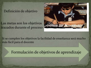 Definición de objetivoLas metas son los objetivos trazados durante el procesoSi se cumplen los objetivos la facilidad de enseñanza será mucho más fácil para el docenteFormulación de objetivos de aprendizaje