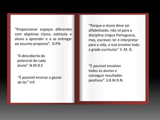 DEDEDE
O
“Proporcionar espaços diferentes
com objetivos claros, estimula o
aluno a aprender e a se entregar
ao assunto proposto”. D.P.R.
“Porque o aluno deve ser
alfabetizado, não só para a
disciplina Língua Portuguesa,
mas, escrever, ler e interpretar
para a vida, e isso envolve toda
a grade curricular.” S. M. D.
“É possível ensinar a gostar
de ler” V.P.
“A descoberta do
potencial de cada
aluno”. N.M.D.F. “É possível envolver
todos os alunos e
conseguir resultados
positivos”. S.R.M.R.N.
 