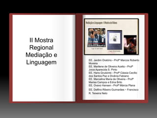 DEDEDE
O
II Mostra
Regional
Mediação e
Linguagem
EE. Jardim Oratório - Profº Marcos Roberto
Moreira
EE. Marilene de Oliveira Acetto - Profª
Joice Aparecida S. Pinto
EE. Hans Grudzinki - Profª Cássia Cecílio
dos Santos Paz e Divânia Fabiano
EE. Marcelina Maria de Oliveira - Profª
Marisa Campos e Edna Brito
EE. Ovavo Hansen - Profª Márcia Plana
EE. Delfino Ribeiro Guimarães - Francisco
R. Teixeira Neto
 