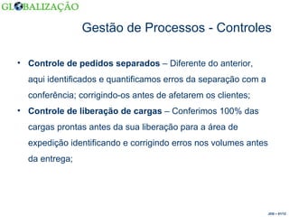 Gestão de Processos - Controles Controle de pedidos separados  – Diferente do anterior, aqui identificados e quantificamos erros da separação com a conferência; corrigindo-os antes de afetarem os clientes; Controle de liberação de cargas  – Conferimos 100% das cargas prontas antes da sua liberação para a área de expedição identificando e corrigindo erros nos volumes antes da entrega; JDS – 01/12 