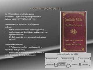 A CONSTITUIÇÃO DE 1911Em 1911, realizam-se eleições para aAssembleia Legislativa, cujos deputados vãoelaborar a CONSTITUIÇÃO DE 1911. Esta constituição defendia a separação dospoderes : O Parlamento fica com o poder legislativo;