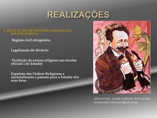REALIZAÇÕESNOVO HINO (a Portuguesa)Heróis do mar, nobre Povo, Nação valente, imortal, Levantai hoje de novo O esplendor de Portugal! Entre as brumas da memória, Ó Pátria, sente-se a voz Dos teus egrégios avós, Que há-de guiar-te à vitória! Às armas, às armas! Sobre a terra, sobre o mar, Às armas, às armas! Pela Pátria lutar Contra os canhões marchar, marchar! Letra de Henrique Lopes de MendonçaMúsica de Alfredo Keil. NOVA BANDEIRANOVA MOEDA (o escudo)NOVA MOEDA – O ESCUDO