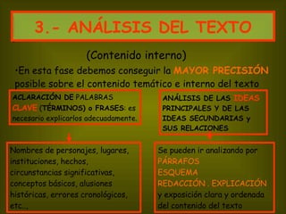 3.- ANÁLISIS DEL TEXTO En esta fase debemos conseguir la  MAYOR PRECISIÓN  posible sobre el contenido temático e interno del texto   (Contenido interno) Nombres de personajes, lugares, instituciones, hechos, circunstancias significativas, conceptos básicos, alusiones históricas, errores cronológicos, etc..,  ANÁLISIS DE LAS   IDEAS   PRINCIPALES Y DE LAS IDEAS SECUNDARIAS y SUS RELACIONES Se pueden ir analizando por  PÁRRAFOS ESQUEMA REDACCIÓN . EXPLICACIÓN  y exposición clara y ordenada del contenido del texto  ACLARACIÓN DE  PALABRAS   CLAVE   ( TÉRMINOS) o FRASES : es necesario explicarlos adecuadamente. 