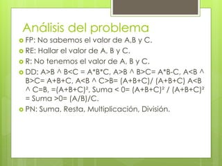 Análisis del problema
 FP: No sabemos el valor de A,B y C.
 RE: Hallar el valor de A, B y C.
 R: No tenemos el valor de A, B y C.
 DD: A>B ^ B<C = A*B*C, A>B ^ B>C= A*B-C, A<B ^
B>C= A+B+C, A<B ^ C>B= (A+B+C)/ (A+B+C) A<B
^ C=B, =(A+B+C)², Suma < 0= (A+B+C)² / (A+B+C)²
= Suma >0= (A/B)/C.
 PN: Suma, Resta, Multiplicación, División.
 