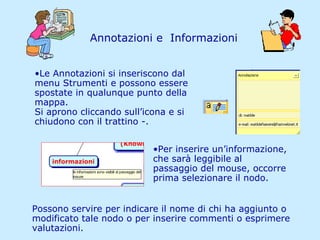 Annotazioni e  Informazioni Possono servire per indicare il nome di chi ha aggiunto o modificato tale nodo o per inserire commenti o esprimere valutazioni. Le Annotazioni si inseriscono dal menu Strumenti e possono essere spostate in qualunque punto della mappa.  Si aprono cliccando sull’icona e si chiudono con il trattino -. Per inserire un’informazione, che sarà leggibile al passaggio del mouse, occorre prima selezionare il nodo.  