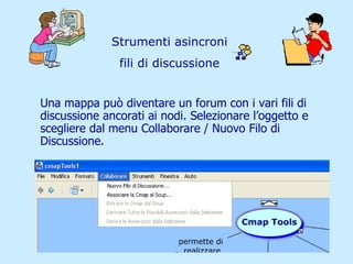 Strumenti asincroni fili di discussione Una mappa può diventare un forum con i vari fili di discussione ancorati ai nodi. Selezionare l’oggetto e scegliere dal menu Collaborare / Nuovo Filo di Discussione.  