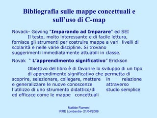 Novack- Gowing " Imparando ad Imparare " ed SEI  Il testo, molto interessante e di facile lettura,  fornisce gli strumenti per costruire mappe a vari  livelli di scolarità e nelle varie discipline. Si trovano  suggerimenti immediatamente attuabili in classe.   Novak  “  L’apprendimento significativo ” Erickson Obiettivo del libro è di favorire lo sviluppo di un tipo  di apprendimento significativo che permetta di  scoprire, selezionare, collegare, mettere  in  relazione e generalizzare le nuove conoscenze  attraverso l’utilizzo di uno strumento didattico/di  studio semplice ed efficace come le mappe  concettuali Bibliografia sulle mappe concettuali e sull’uso di C-map 