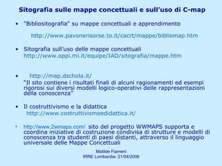 Sitografia sulle mappe concettuali e sull’uso di C-map "Bibliositografia" su mappe concettuali e apprendimento http://www.pavonerisorse.to.it/cacrt/mappe/bibliomap.htm   Sitografia sull’uso delle mappe concettuali http://www.oppi.mi.it/equipe/IAD/sitografia/mappe.htm http://map.dschola.it/   “ Il sito contiene i risultati finali di alcuni ragionamenti ed esempi rigorosi sui diversi modelli logico-operativi delle rappresentazioni della conoscenza”  Il costruttivismo e la didattica http://www.costruttivismoedidattica.it/   http://www.2wmaps.com/   sito del progetto WWMAPS supporta e coordina iniziative di costruzione condivisa di strutture e modelli di conoscenza tra studenti di paesi distanti, attraverso il linguaggio universale delle Mappe Concettuali 