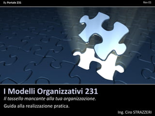 By Portale 231                                                Rev 01




I Modelli Organizzativi 231
Il tassello mancante alla tua organizzazione.
Guida alla realizzazione pratica.
                                                Ing. Ciro STRAZZERI
 